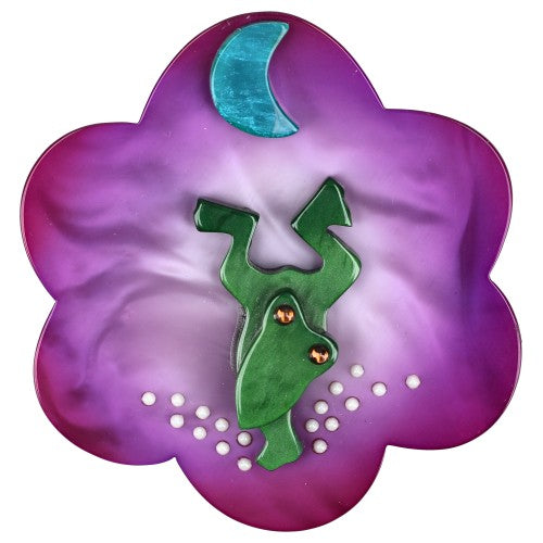 Purple-Parma and Malachite Green Frog Water Lily Brooch