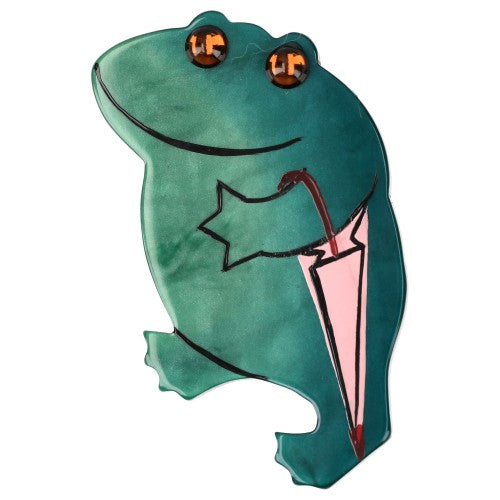 Pine Green and Light Pink Umbrella Frog Brooch with yellow eyes