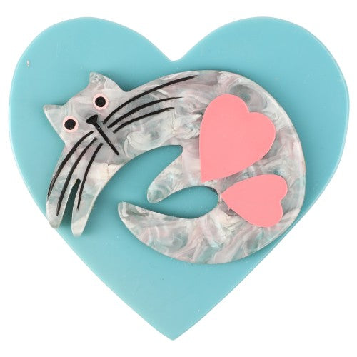 Boreal Blue Cat on Azur Blue Heart Brooch