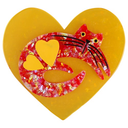 Brilliant Red Cat on Scarlet Yellow Heart Brooch