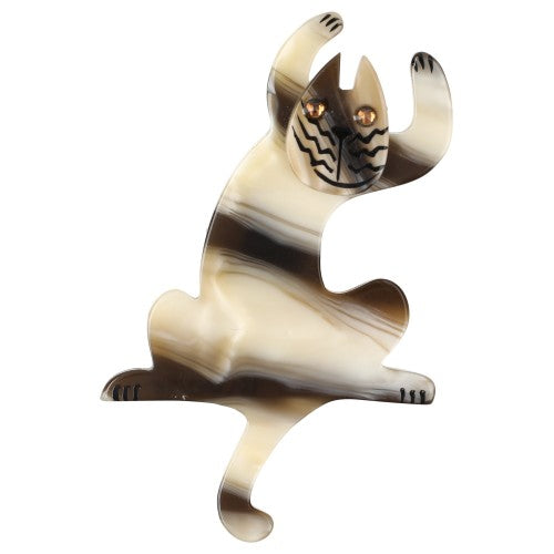 Pearly Ivory and Brown Jazzy Cat Brooch (small size)