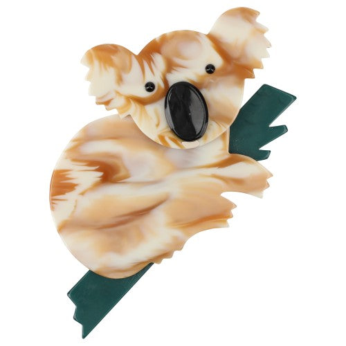 Honey and Ivory Koala Brooch with a Green Branch