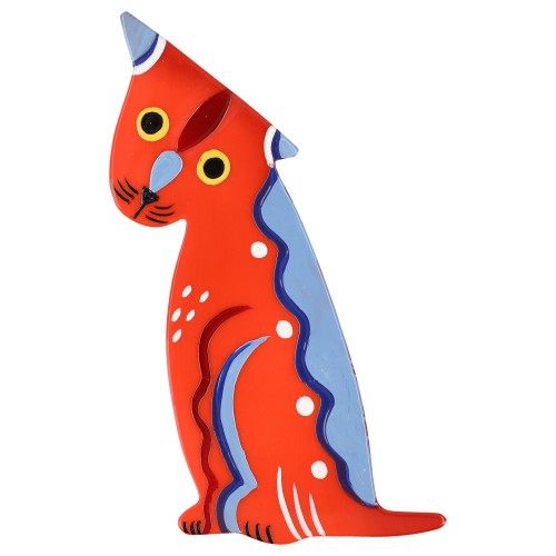 Scarlet Red and Light BlueLanguorous Cat Brooch