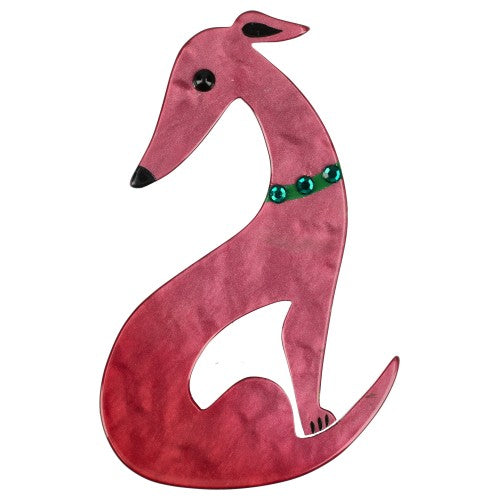 Magenta Pink Greyhound Dog Brooch with an Emerald green Necklace