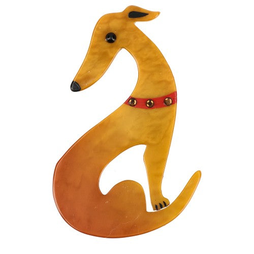 Ochre Yellow Greyhound Dog Brooch with a Red Necklace 