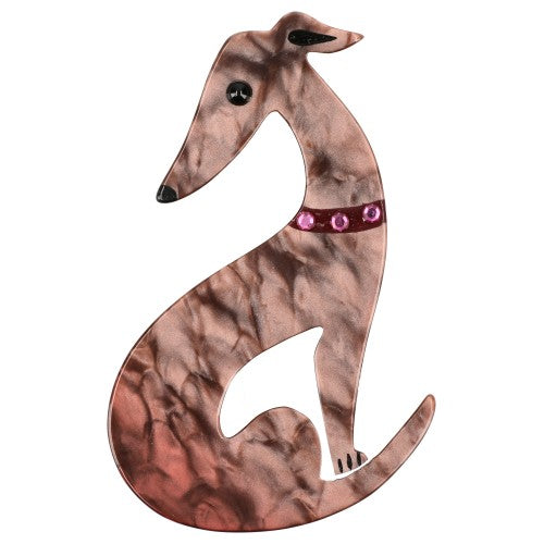 Woodrose Pink Greyhound Dog Brooch with a Purple Necklace