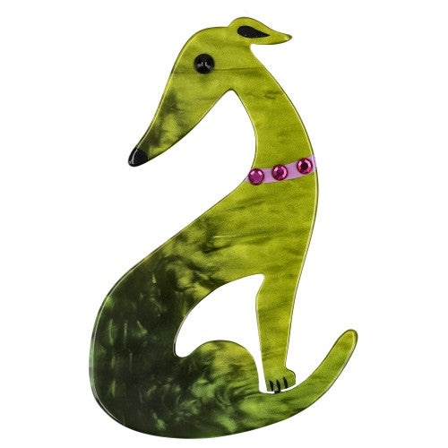 Pearly Moss Green  Greyhound Dog Brooch with a Lilac Purple Necklace 