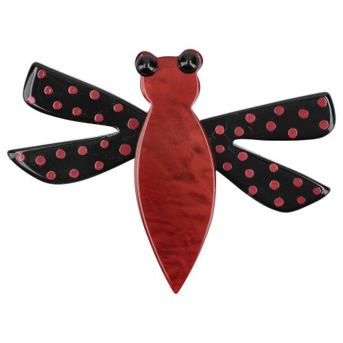 Burgundy Red and Black Dragonfly Brooch with Dots