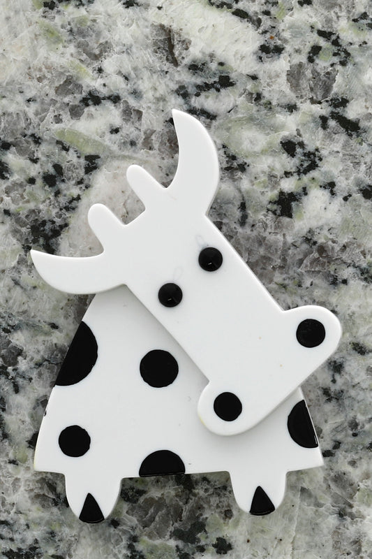 White Marguerite Cow Brooch with Polka Dots