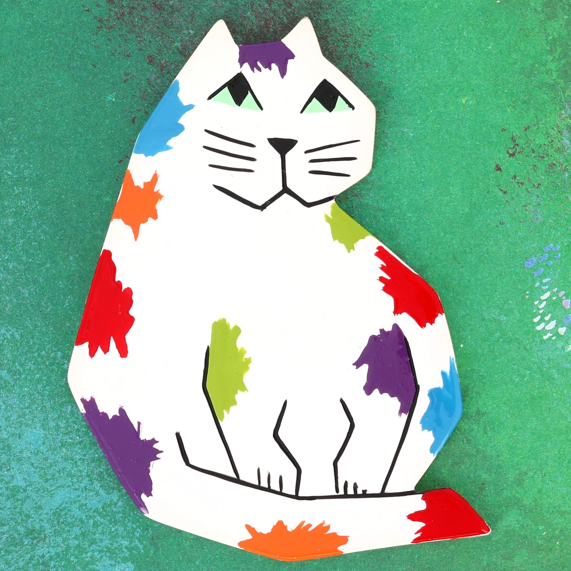 White and Multicolored Big Matou Cat Brooch 