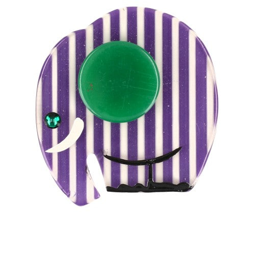 Purple and White Striped Alphonse Elephant Brooch with a Green Ear (Mini Brooch)