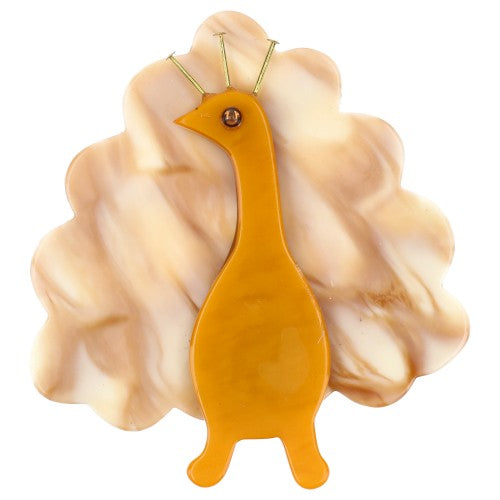 Ocher and Cream Yellow Mosaic Peacock Bird Brooch