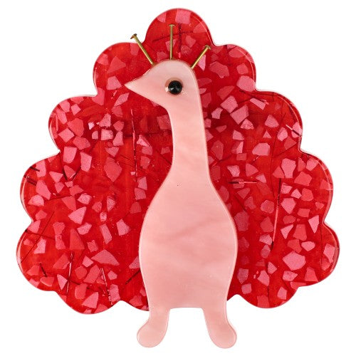 Light Rose and Mosaic Red Peacock Bird Brooch