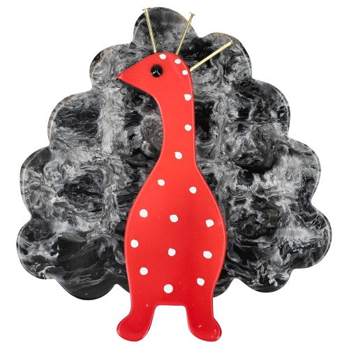 Mottled Grey and Red with White Dots Peacock Bird Brooch 