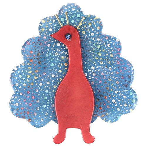 Red with Multicolored and Shiny dots Blue Peacock Bird Brooch 