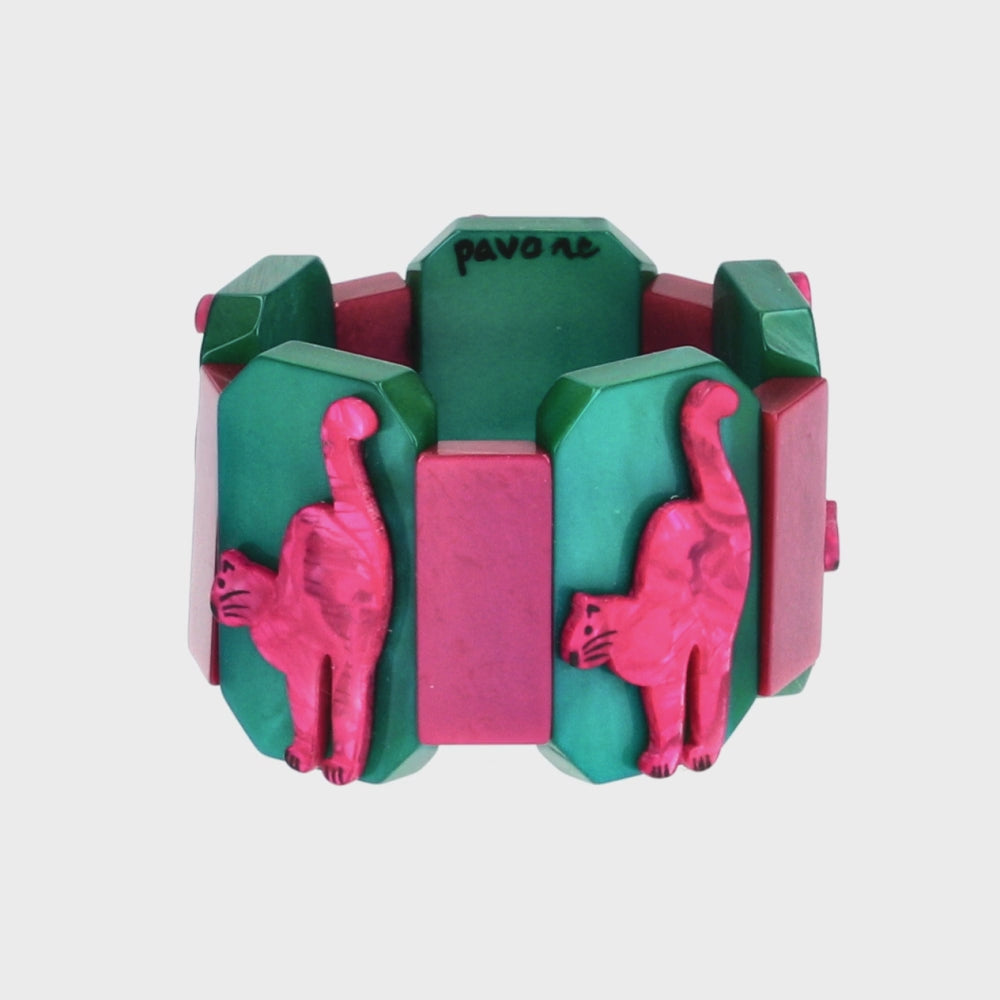 Fuchsia Pink Cat Silhouette on Green and Fuchsia Pink Bracelet 