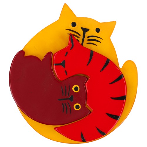 Yellow, Red and Bordeaux Puzzle Cat Brooch
