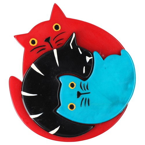 Red, Black and Ocean Blue Puzzle Cat Brooch 