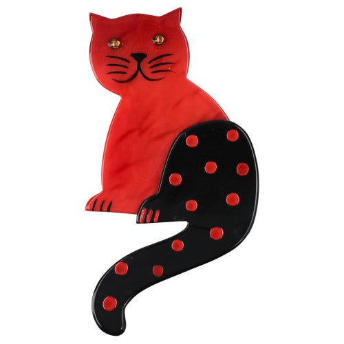  Red Striped Tail Cat Brooch with Dots 