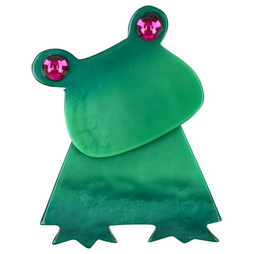 Malachite Green Rana Frog  Brooch with Pink Eyes