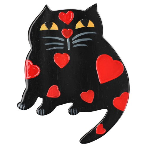 Black with Red Hearts Dreamy Cat Brooch 