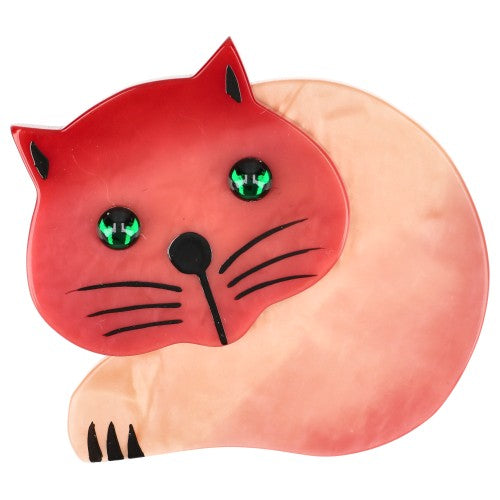 Rosewood and Light Pink Roudoudou Cat Brooch with Green Eyes