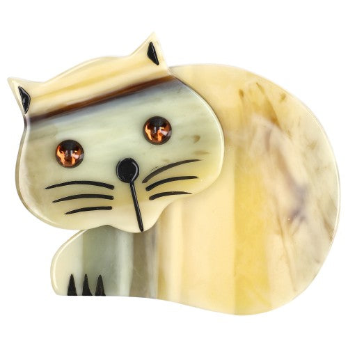 Yellow-Cream Roudoudou Cat Brooch with Yellow Eyes 
