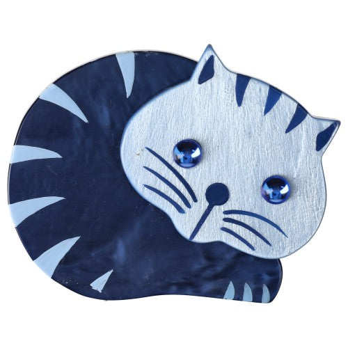 Azur and Navy Blue Roudoudou Cat Brooch with blue eyes 