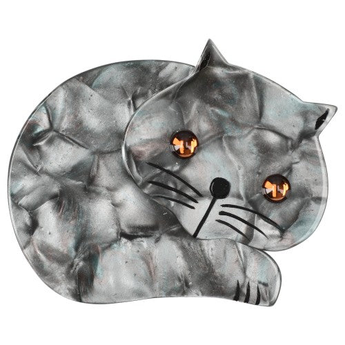 Marble Grey Roudoudou Cat Brooch with Yellow Eyes