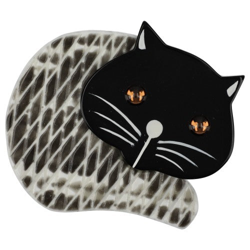 Black and Snakeskin Roudoudou Cat Brooch with Yellow Eyes