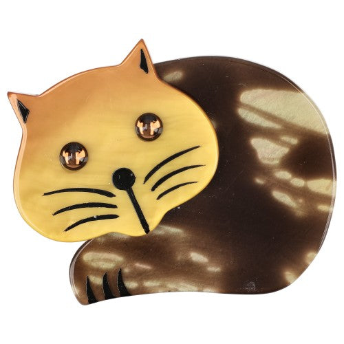 Ochre Yellow and Brown-Beige Roudoudou Cat Brooch with Yellow Eyes 