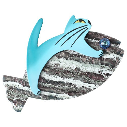 Aquamarine Blue and Mineral colors Sinbad Cat Brooch (large size)