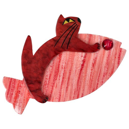 Pink streaked and Raspberry Red Sinbad Cat Brooch (Large Size)