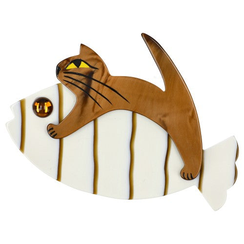 Striped Ivory and Caramel Sinbad Cat Brooch 