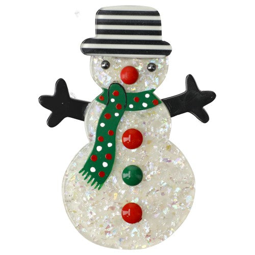 Brilliant White Snowman Brooch with a black striped hat and a green polka dot scarf 