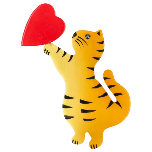 Yellow Standing Valentine Cat Brooch with a Red Heart