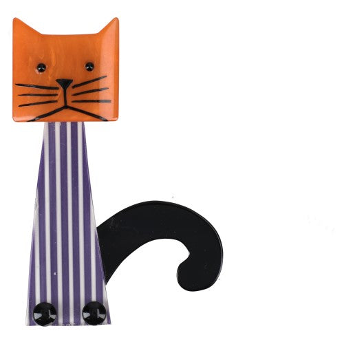 Orange and Striped Purple Teapot Cat Brooch