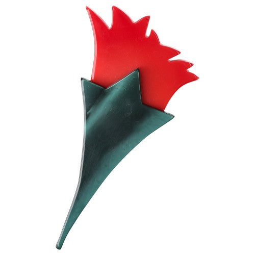 Red Tulip Flower Brooch with a pearly Emerald Green 