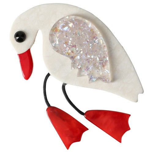 White with Iridescent White Wing and Red Feet Twisty Bird Brooch