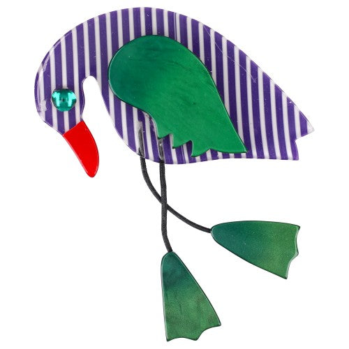 Striped white and Purple with Twisty Bird Brooch with Malachite green Wing and Feet