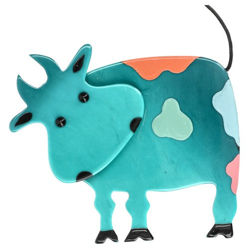 Turquoise Lolo Cow with orange and aquamarine Blue Brooch 