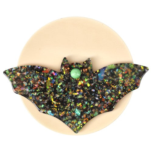 Brilliant Black and and Butter White Bat Moon Brooch (large size) 