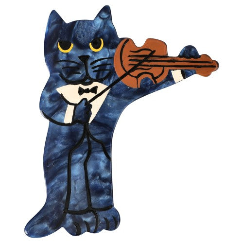 Speckled Steel Blue Violinist Cat Brooch 