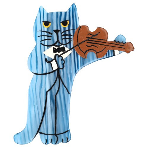 Striped Azur Blue Violinist Cat Brooch 