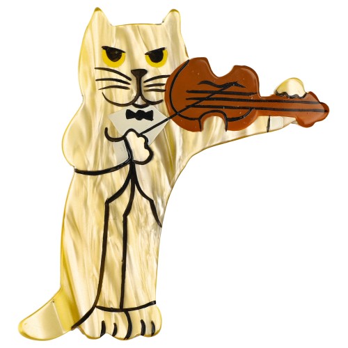 Pearly Yellow Violinist Cat Brooch 