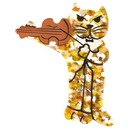 Yellow Dotted Violinist Cat Brooch