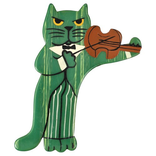  Green with Fil Argent Violinist Cat Brooch 