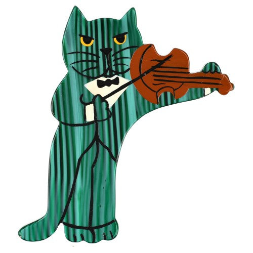 Striped Emerald Green Violinist Cat Brooch