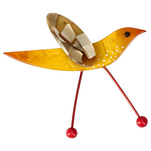 Yellow Wader Bird Brooch with Ocher Mosaic Wing (red feet) 