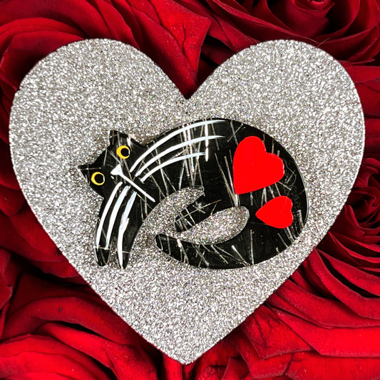 Black with Silver Glitter Cat on Silver Heart Brooch